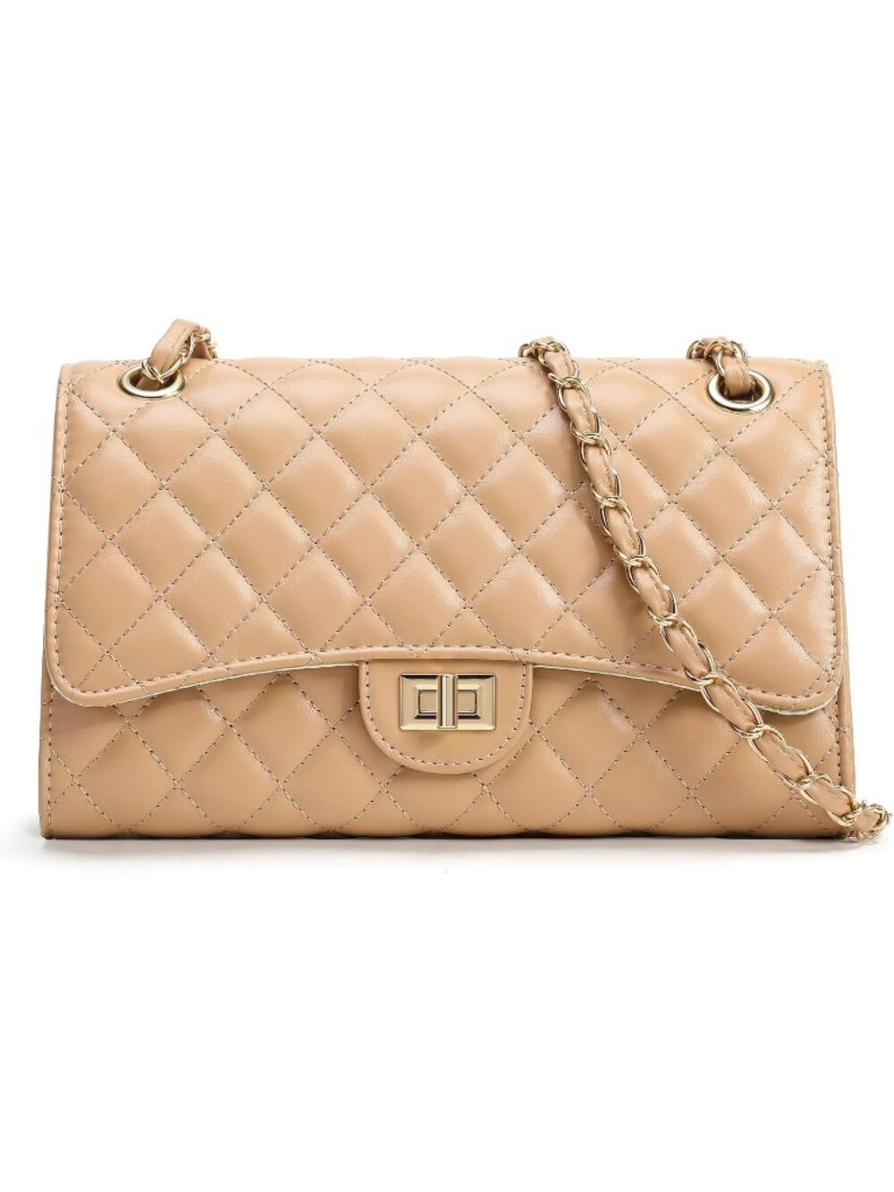 Women's Apricot Quilted Pu Leather Chain Strap Crossbody Shoulder Bag